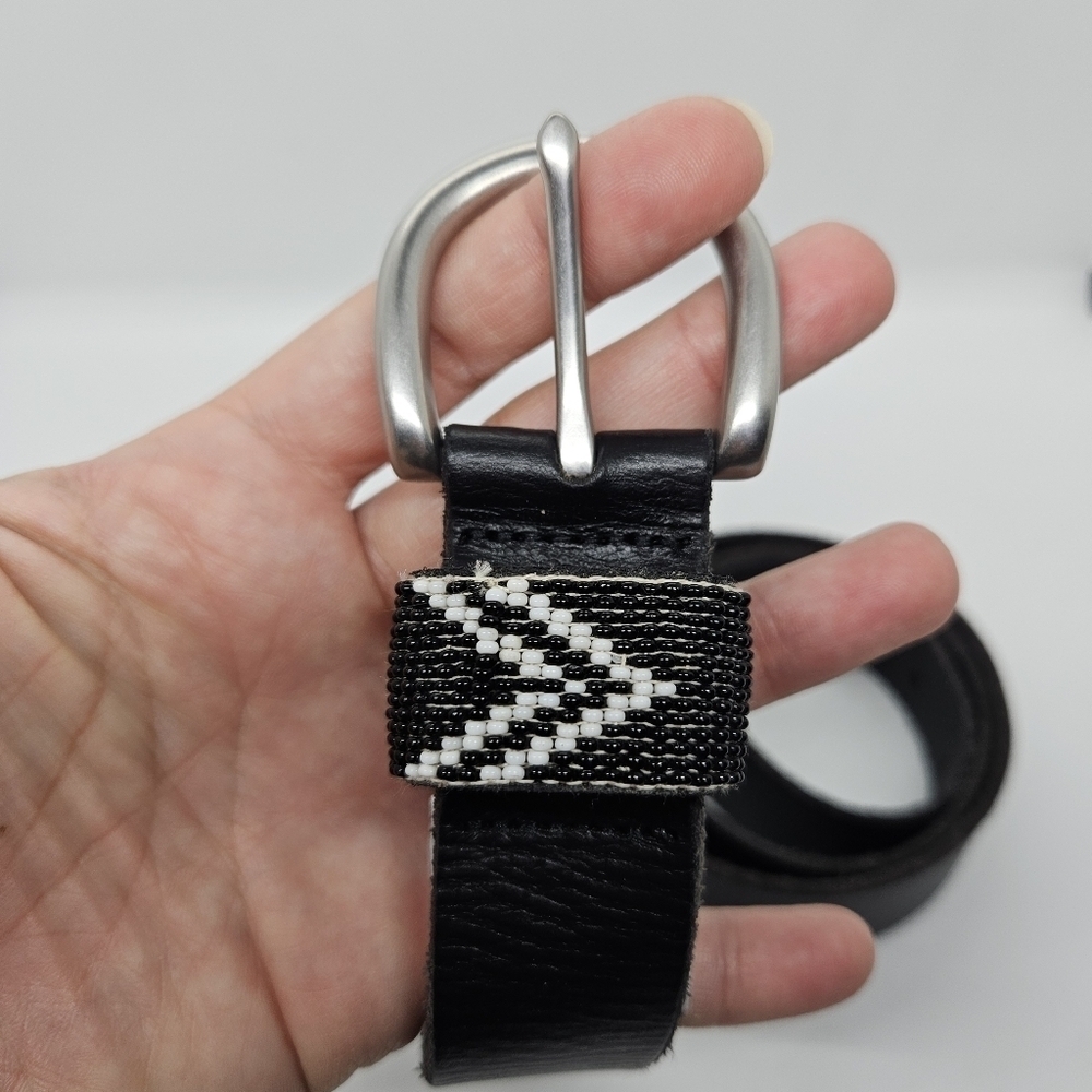 J. Crew black leather belt with silver tone buckle and beaded detail S/M - Picture 2 of 7